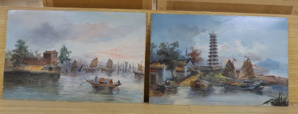 Chinese School c.1900, pair of oils on card, Coastal landscapes, 32 x 51cm, unframed